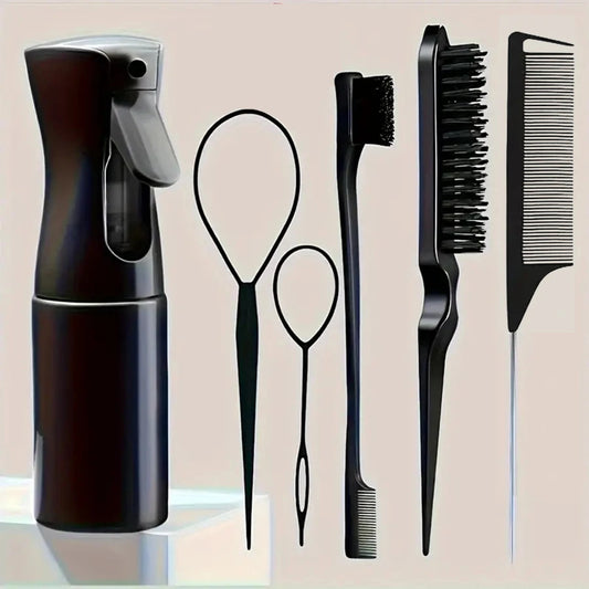 6-Piece Hair Styling Tool Set – Spray Bottle, Edge Brush & Combs